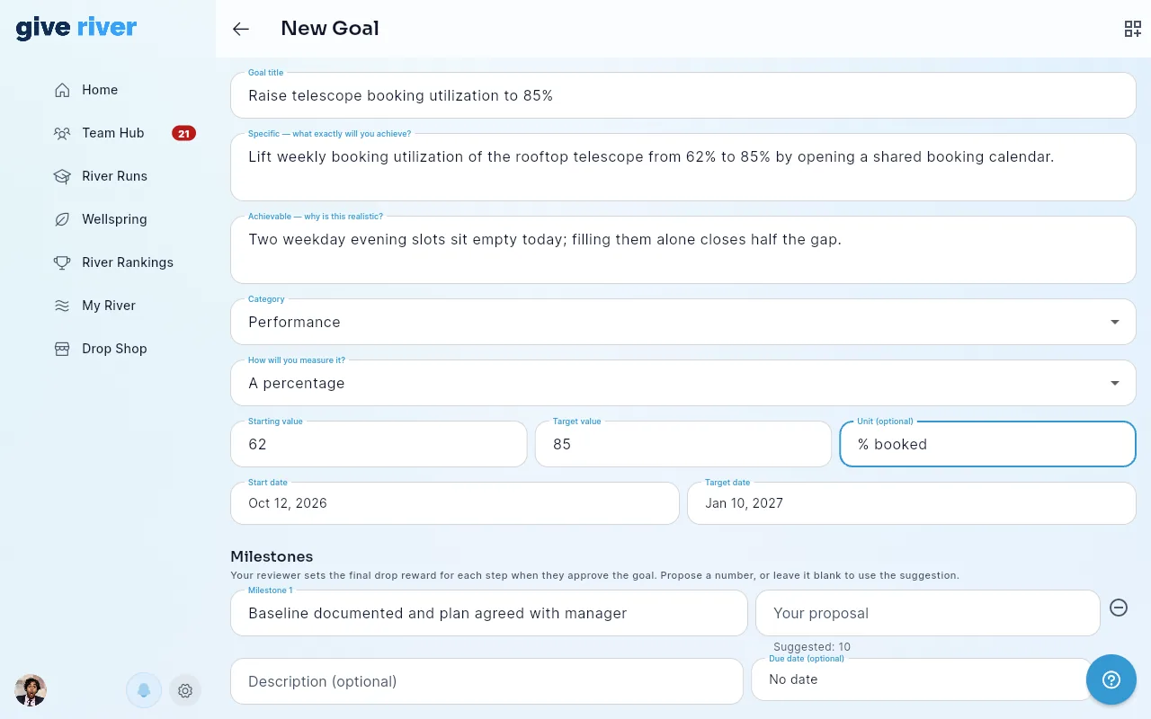 The New Goal form filled in from a template: goal title, Specific and Achievable fields, category, a percentage measure with starting and target values, and start and target dates.