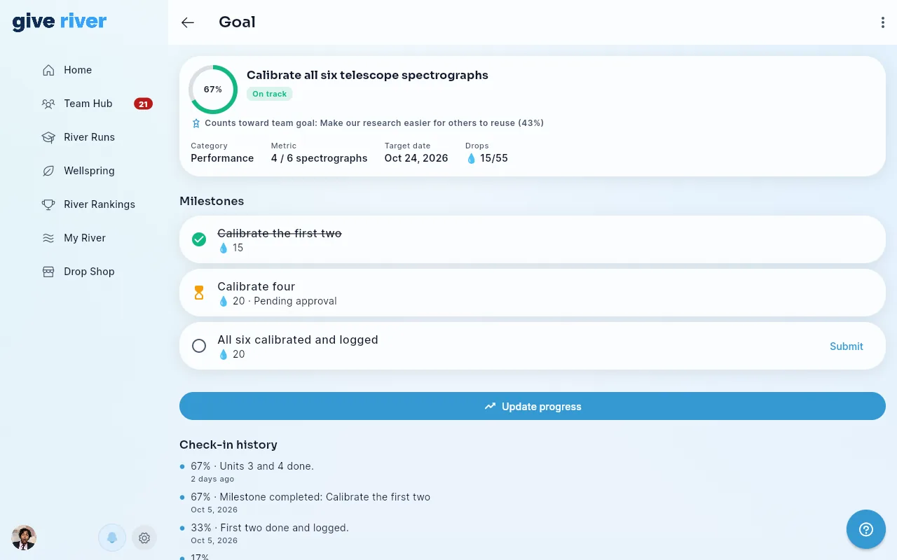 A goal page with its progress ring at 67%, an On track chip, one approved milestone, one pending approval and one ready to submit, and the Update progress button.