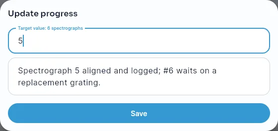 The Update progress dialog with a new value and a short note about what moved this week.