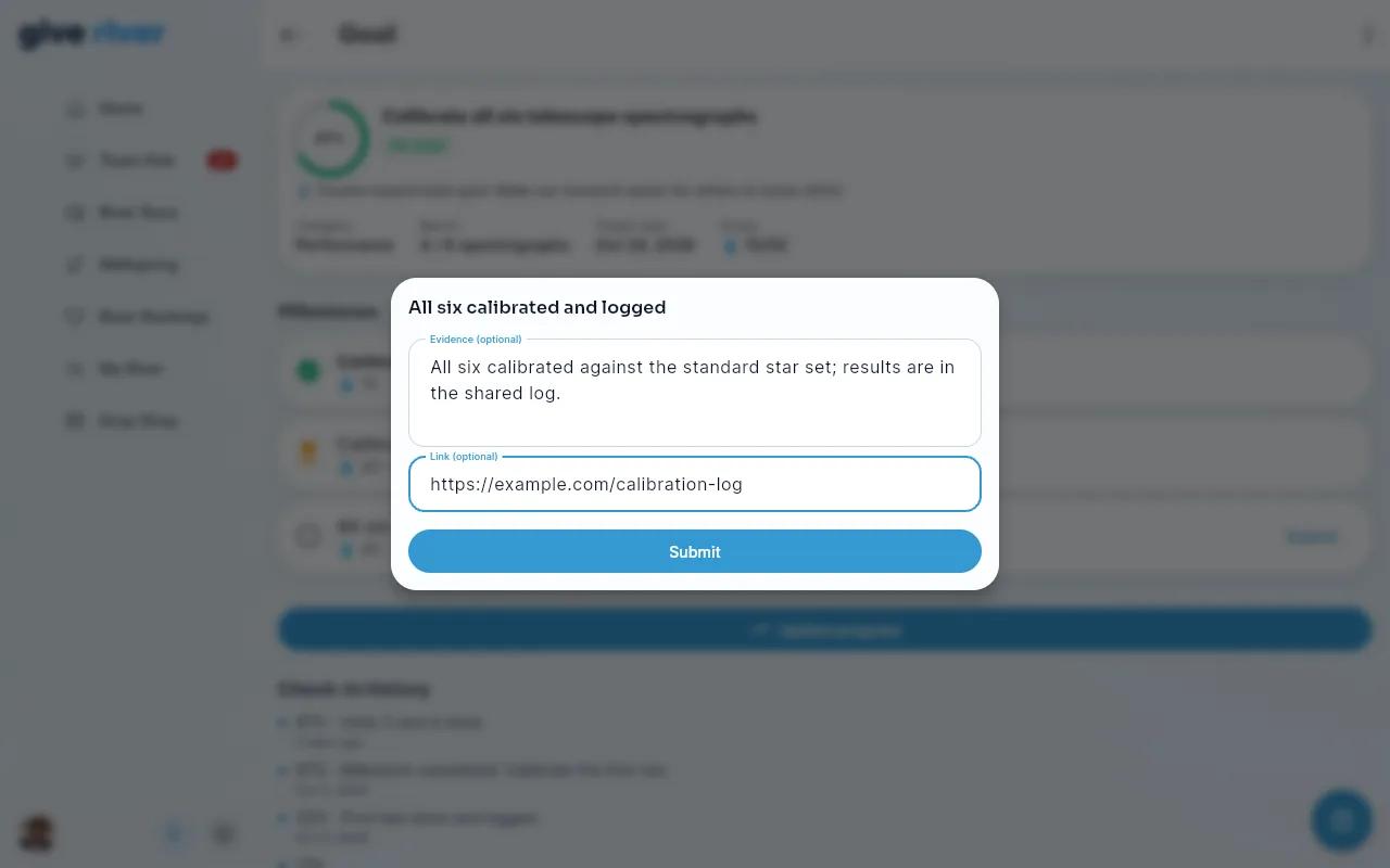 Submitting a milestone, with an evidence note and a link filled in above the Submit button.
