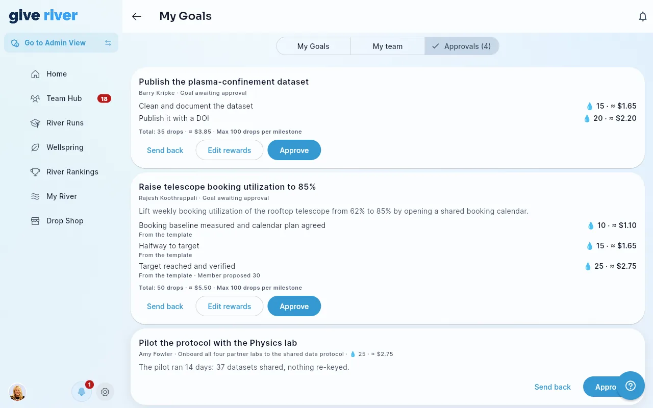 My Goals on the Approvals view, with goals awaiting approval showing each milestone's reward and dollar value, and a milestone submitted for review.
