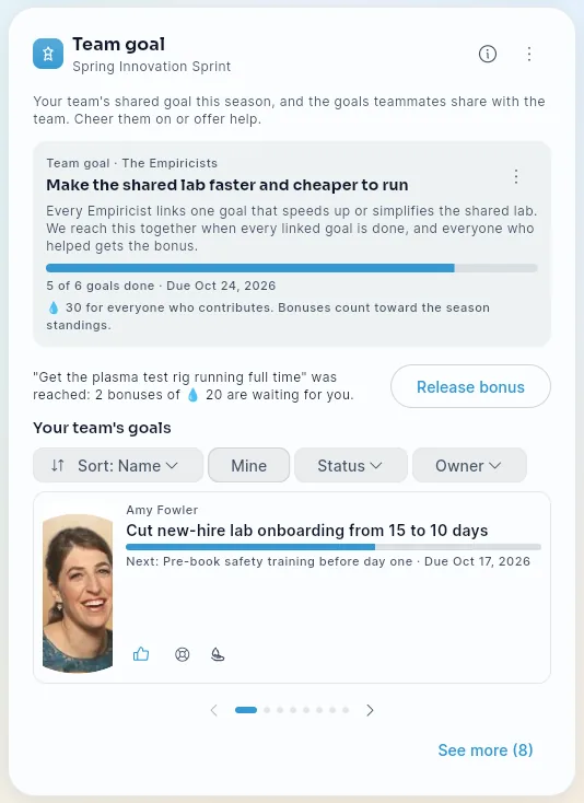 A manager's Team goal card on Team Hub, with the team goal's progress and bonus, a Release bonus button, and the team's goals.