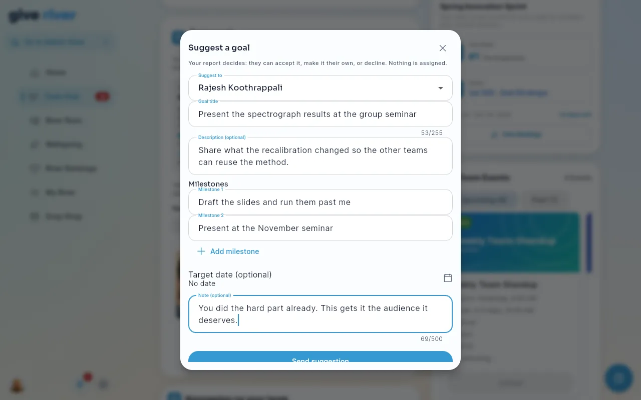 The Suggest a goal dialog filled in for a direct report, with a title, description, two milestones and a note.