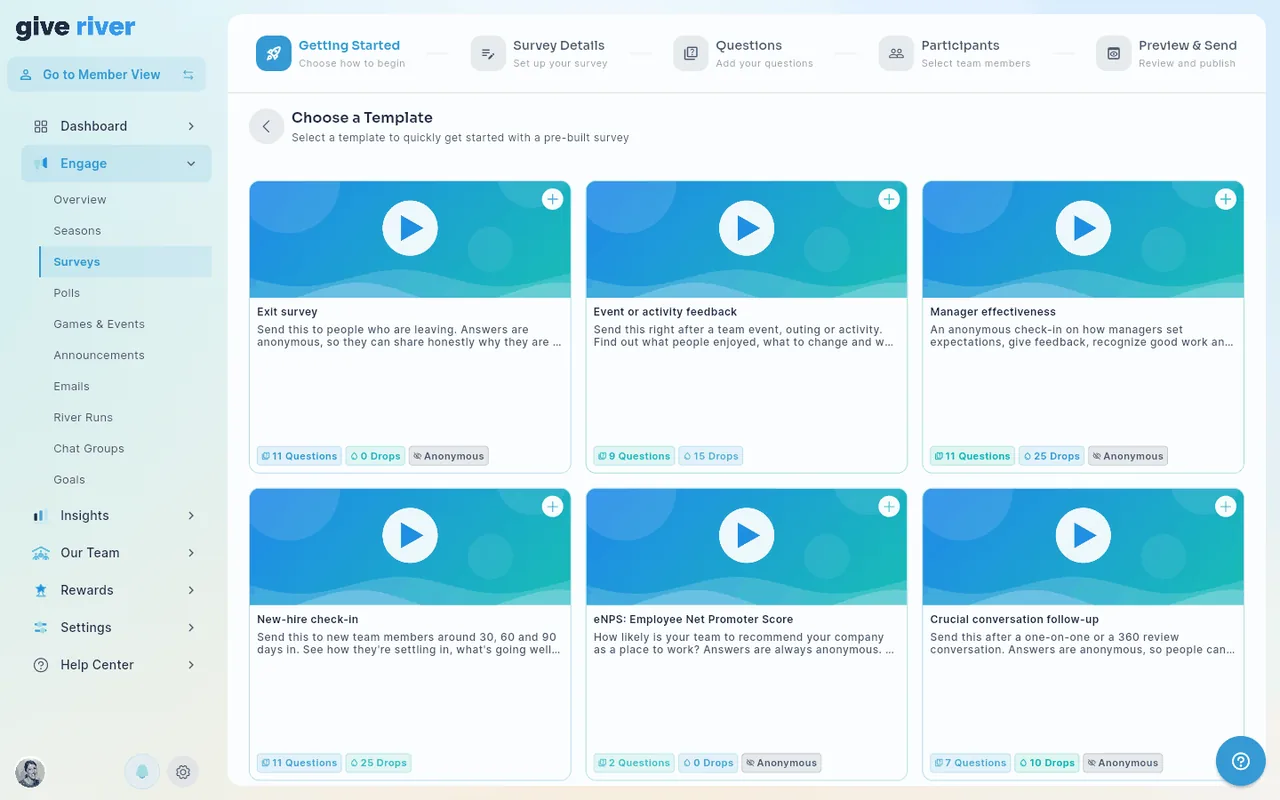 The Choose a Template screen: template cards such as Exit survey, Event or activity feedback and Manager effectiveness, each showing its question count, drops and, where it applies, the Anonymous label.