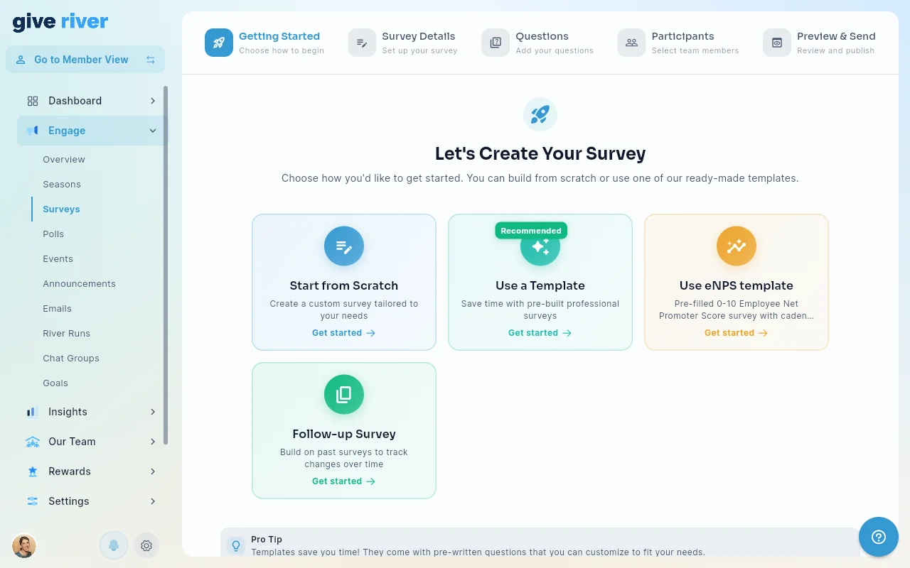 The survey wizard's Getting Started step: Start from Scratch, Use a Template, Use eNPS template and Follow-up Survey.