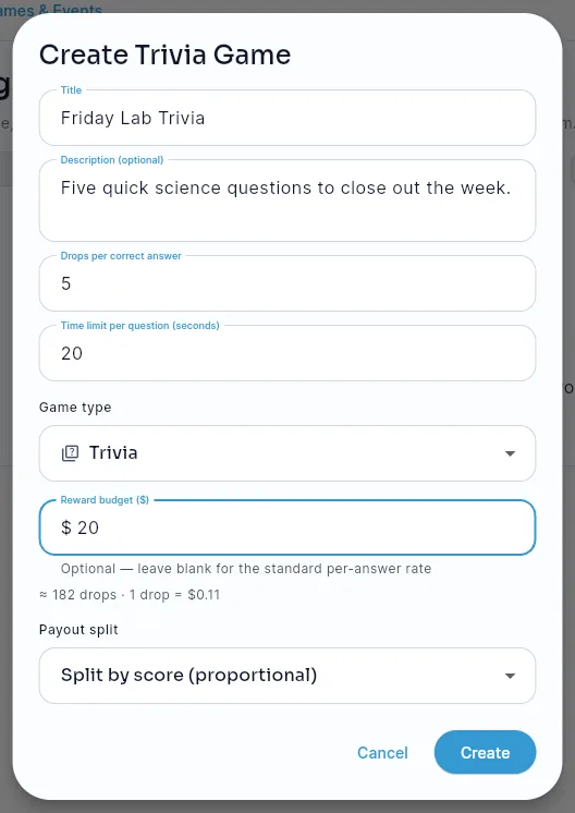 The Create Trivia Game window: title, description, drops per correct answer, time limit, game type, a $20 reward budget with its drop equivalent, and the payout split.