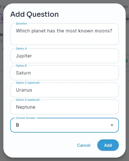 The Add Question window for a trivia game: the question, four options and the correct answer.