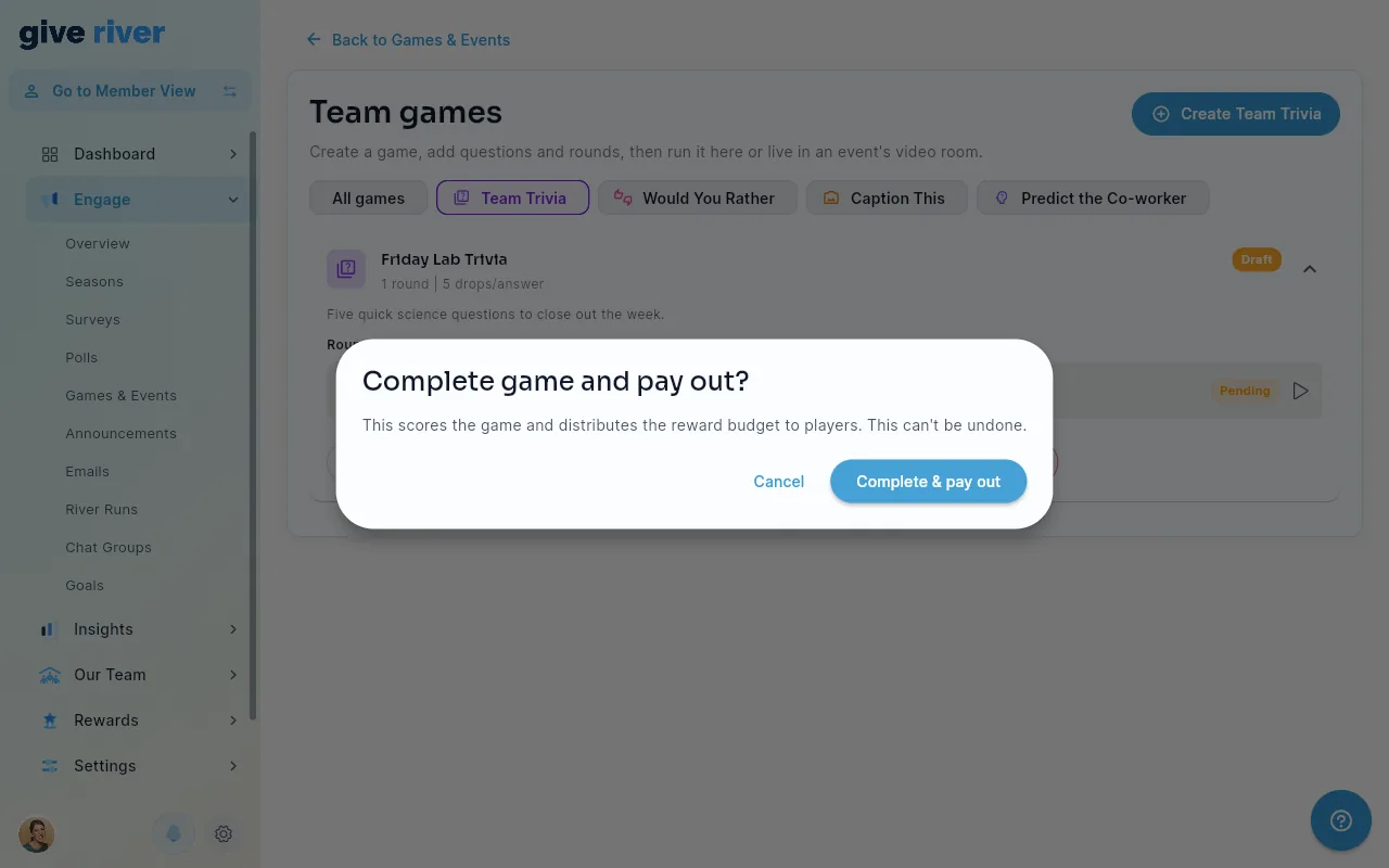 The Complete game and pay out? confirmation over a trivia game's card in the game builder.