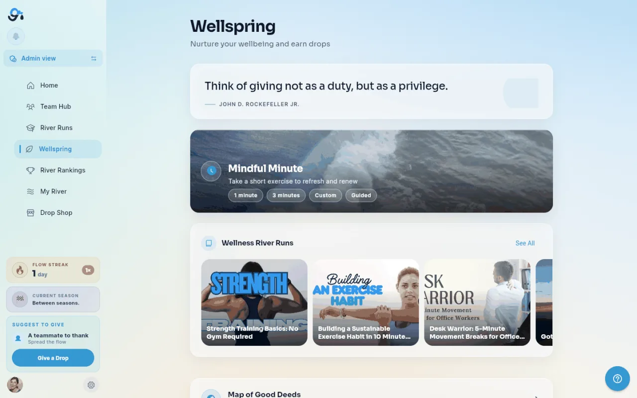 The Wellspring page, showing the daily quote, the Mindful Minute card, and the Wellness River Runs row.