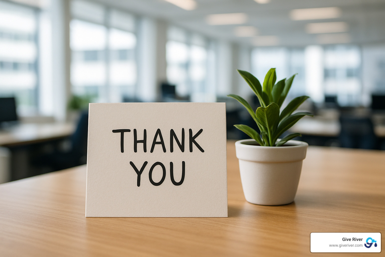 handwritten thank-you card on desk with a small plant - peer to peer recognition activities