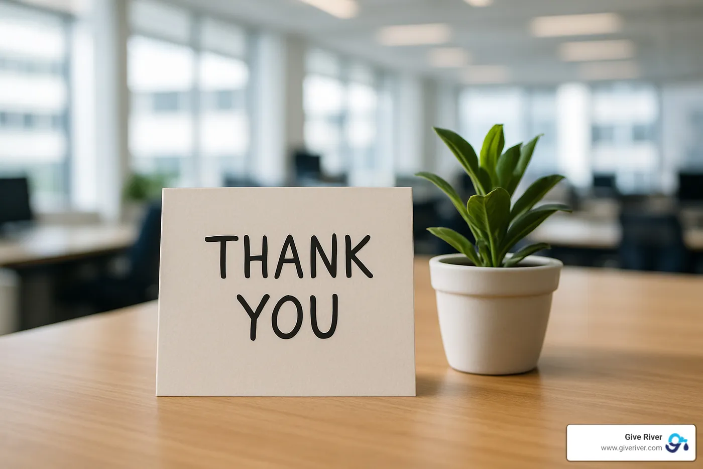handwritten thank-you card on desk with a small plant - peer to peer recognition activities