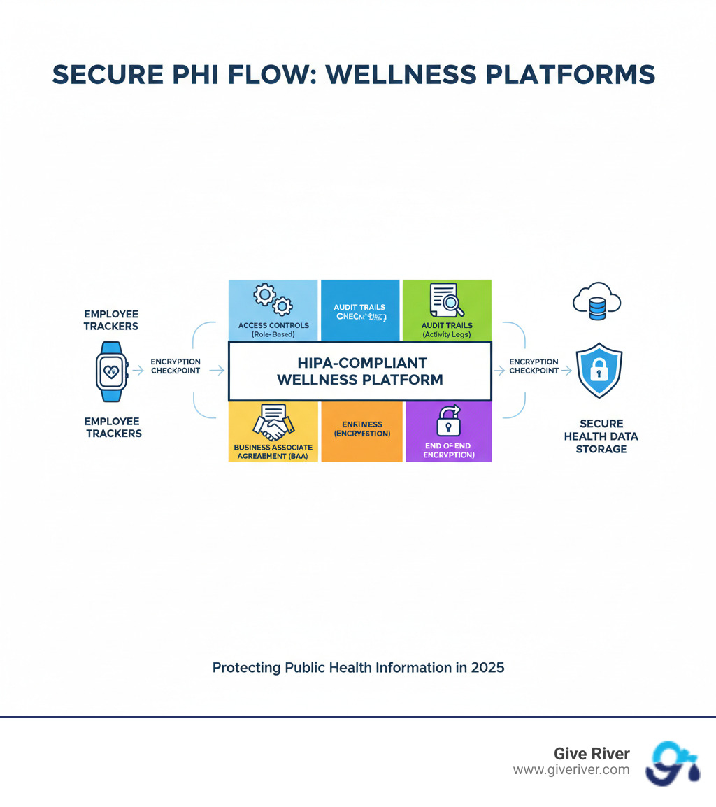 Infographic showing the secure flow of Protected Health Information from employee fitness trackers through HIPAA-compliant wellness platforms, including encryption checkpoints, access controls, audit trails, and Business Associate Agreement requirements - hipaa-compliant wellness tracking platforms infographic 