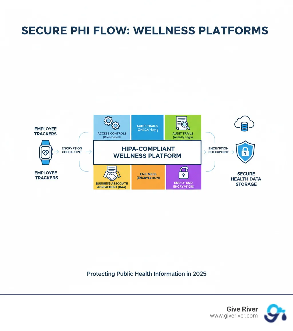 Infographic showing the secure flow of Protected Health Information from employee fitness trackers through HIPAA-compliant wellness platforms, including encryption checkpoints, access controls, audit trails, and Business Associate Agreement requirements - hipaa-compliant wellness tracking platforms infographic 