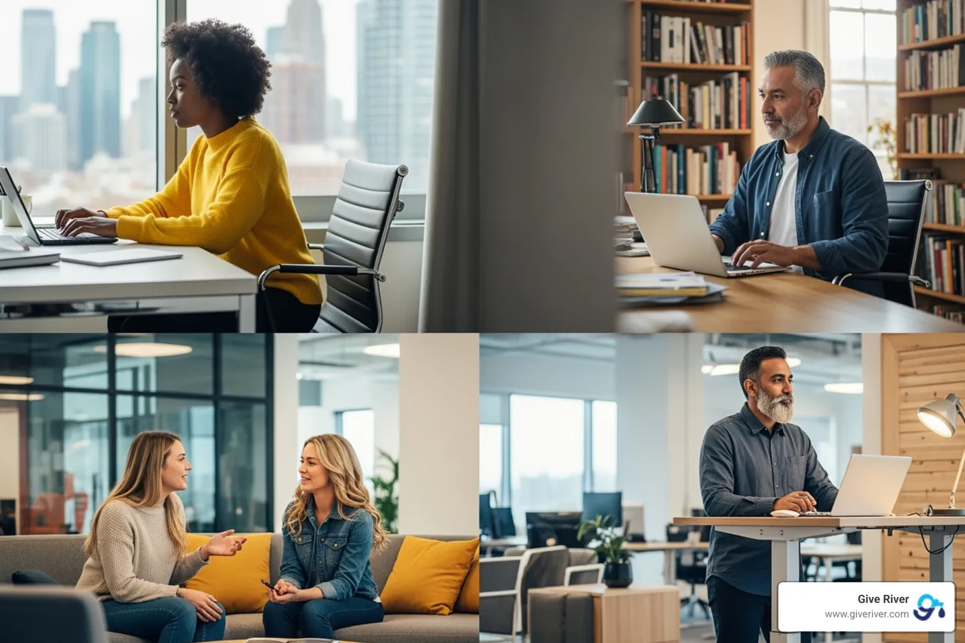 employees enjoying a flexible work environment, some at home, some in a relaxed office setting - employee incentive solutions