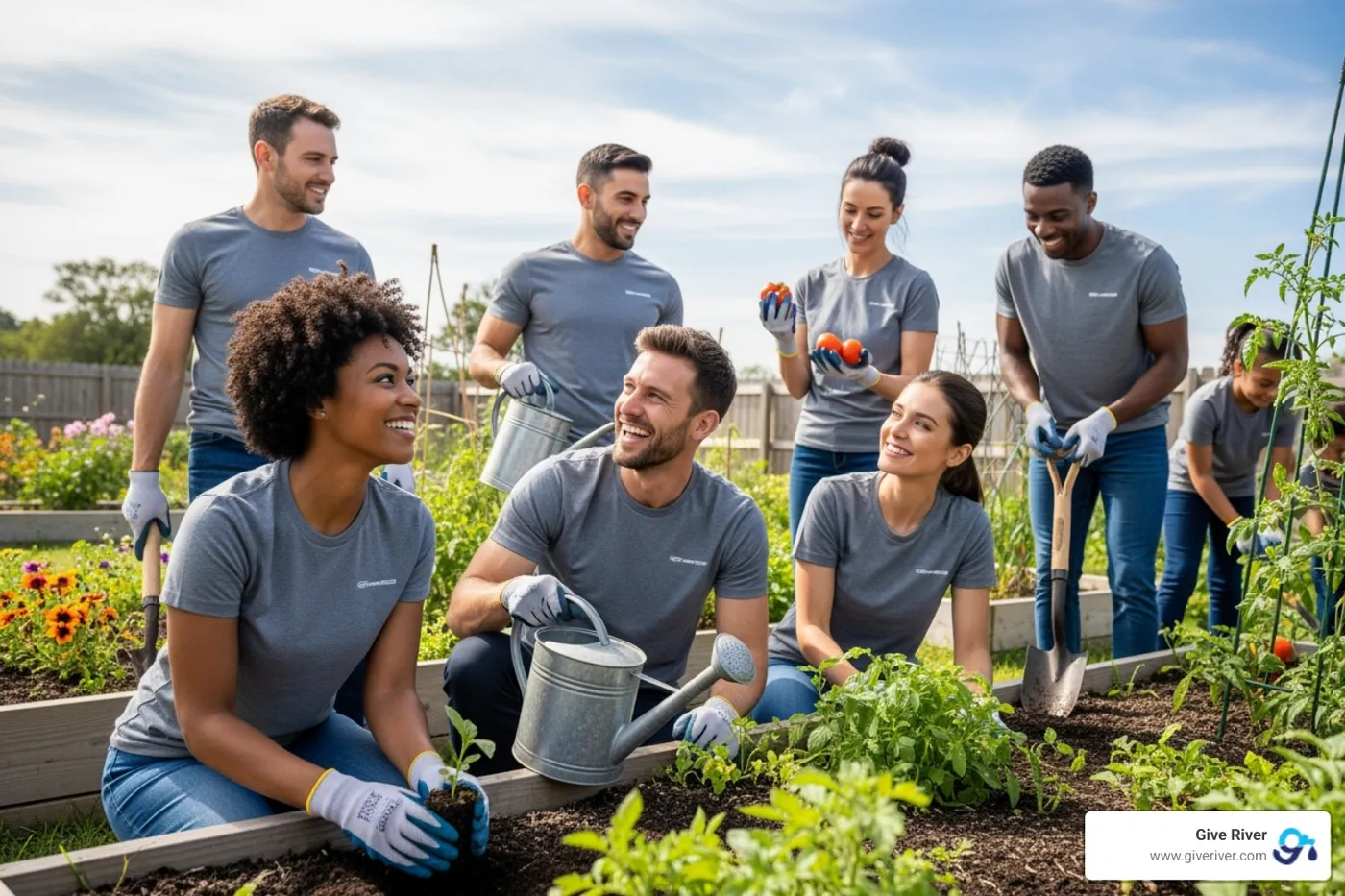 Image of happy, engaged employees volunteering together - impact of csr initiatives on a company's bottom line
