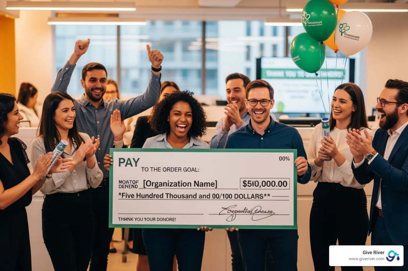 team celebrating hitting a fundraising goal with a giant check - new csr initiatives