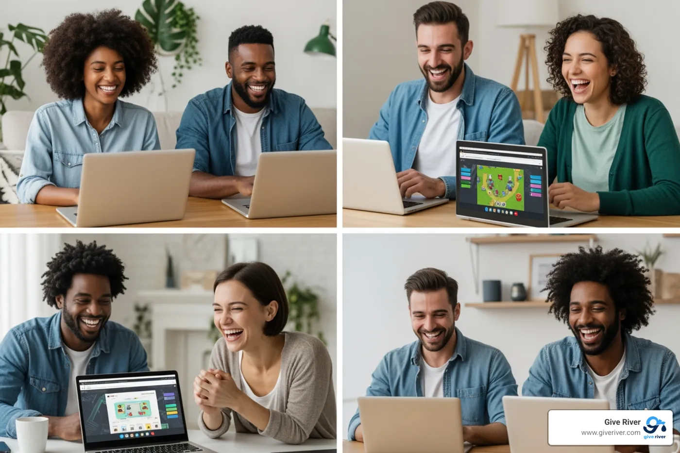 A group of remote coworkers laughing while playing a browser-based game during a virtual happy hour