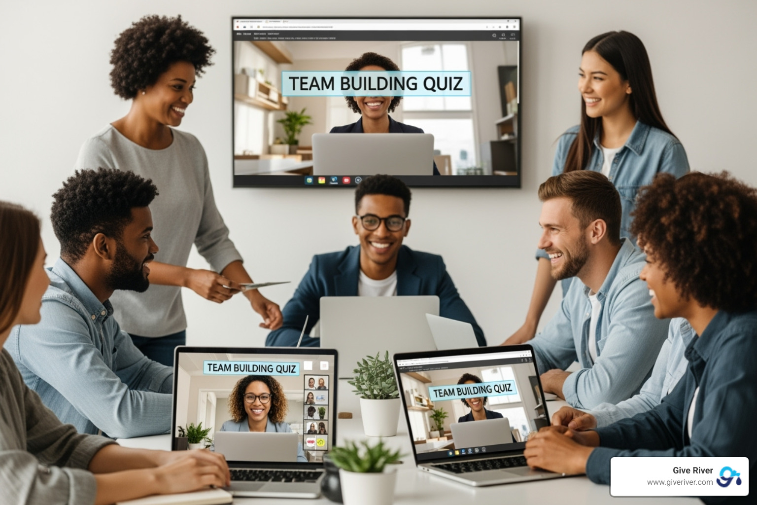 hybrid team participating in a quiz from both office and home - fun quiz for team building