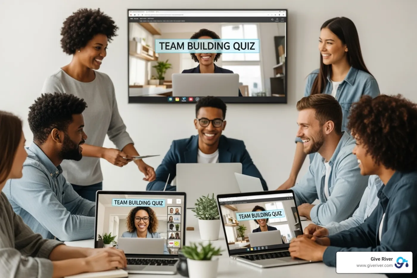 hybrid team participating in a quiz from both office and home - fun quiz for team building