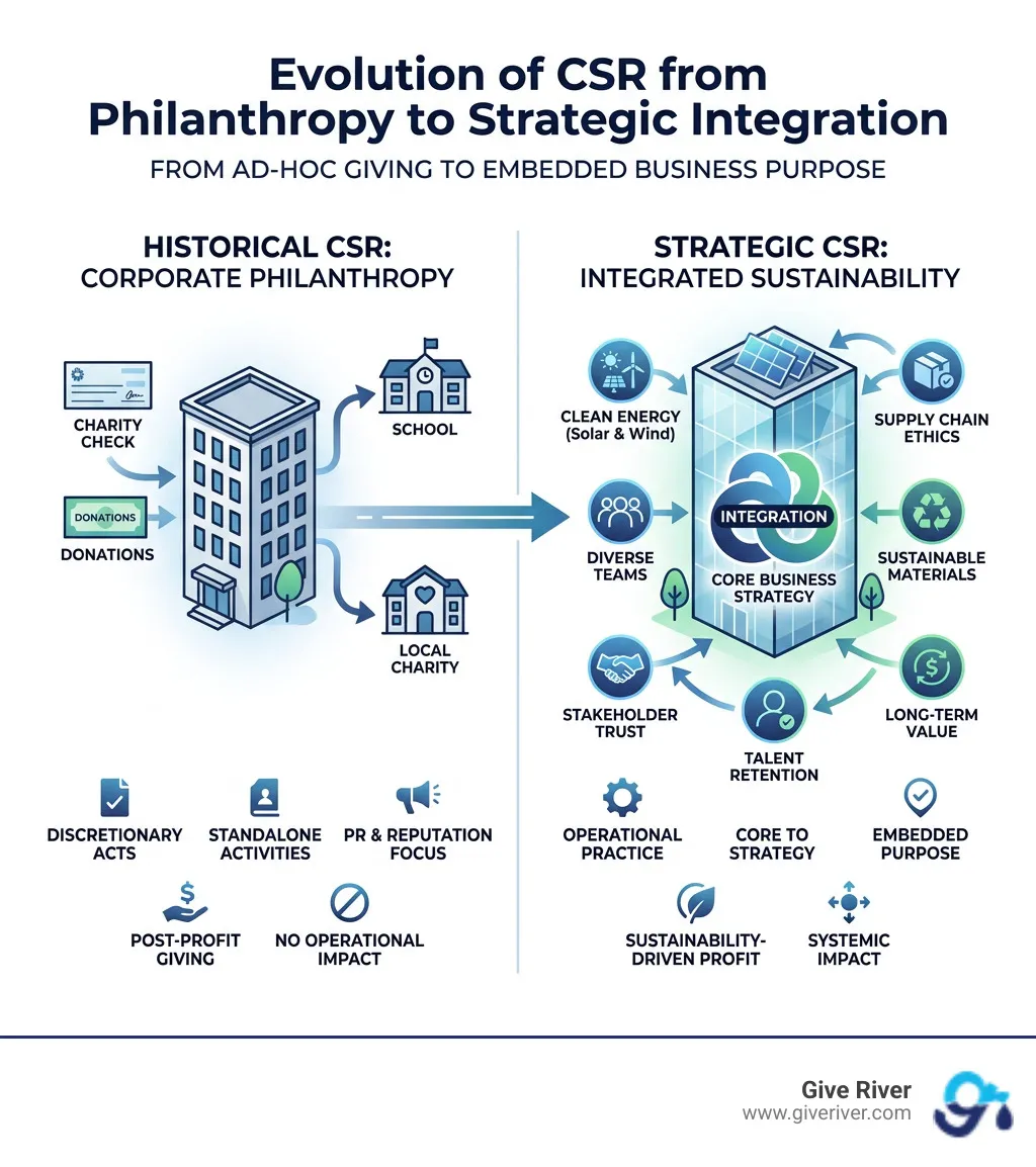 Evolution of CSR from philanthropy to strategic integration infographic - what is corporate social responsibility in