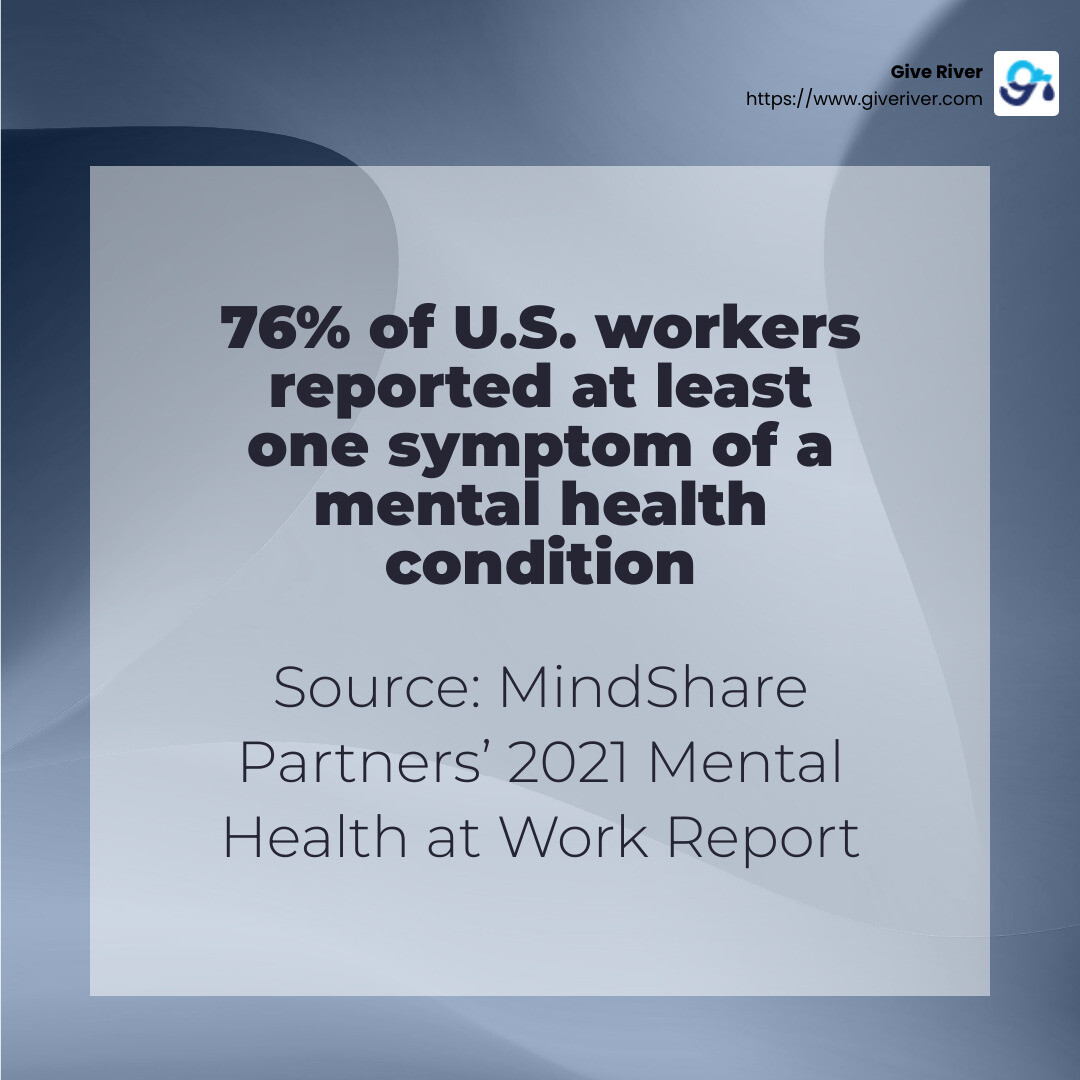 76% of U.S. workers reported at least one symptom of a mental health condition. Source: MindShare Partners’ 2021 Mental Health at Work Report - workplace wellbeing solutions infographic simple-stat-abstract