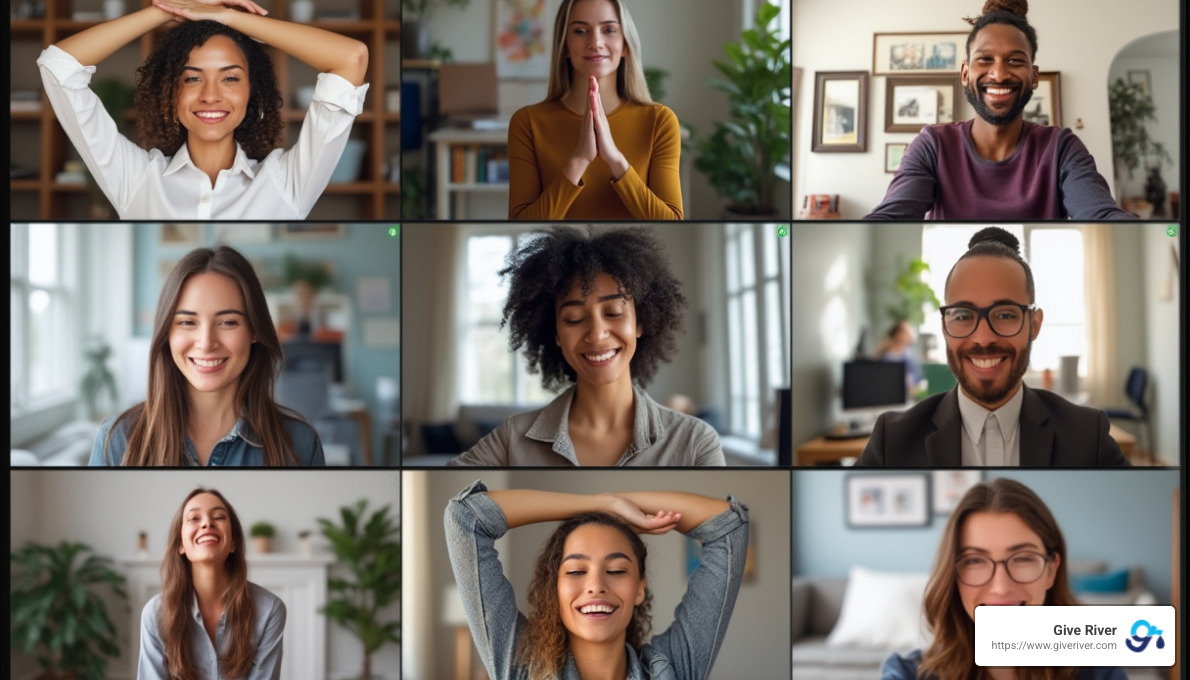 team participating in quick virtual wellness activity - wellbeing activities for virtual team meetings