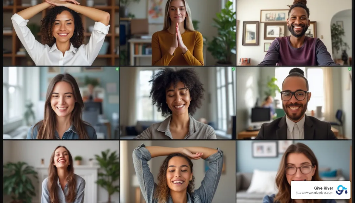 team participating in quick virtual wellness activity - wellbeing activities for virtual team meetings