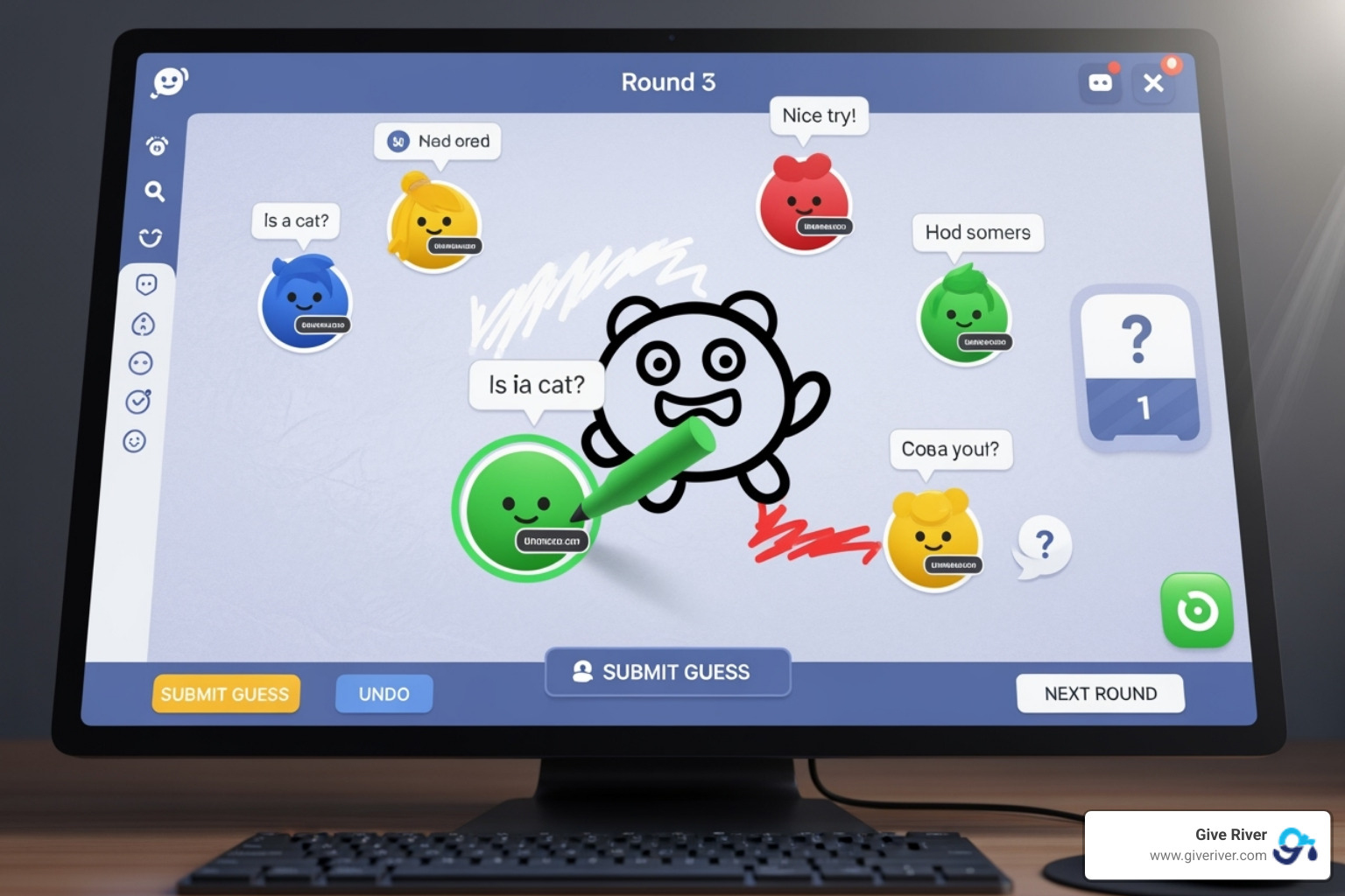 A colorful, engaging virtual game interface designed for team play, such as a collaborative drawing or word game - online office games free