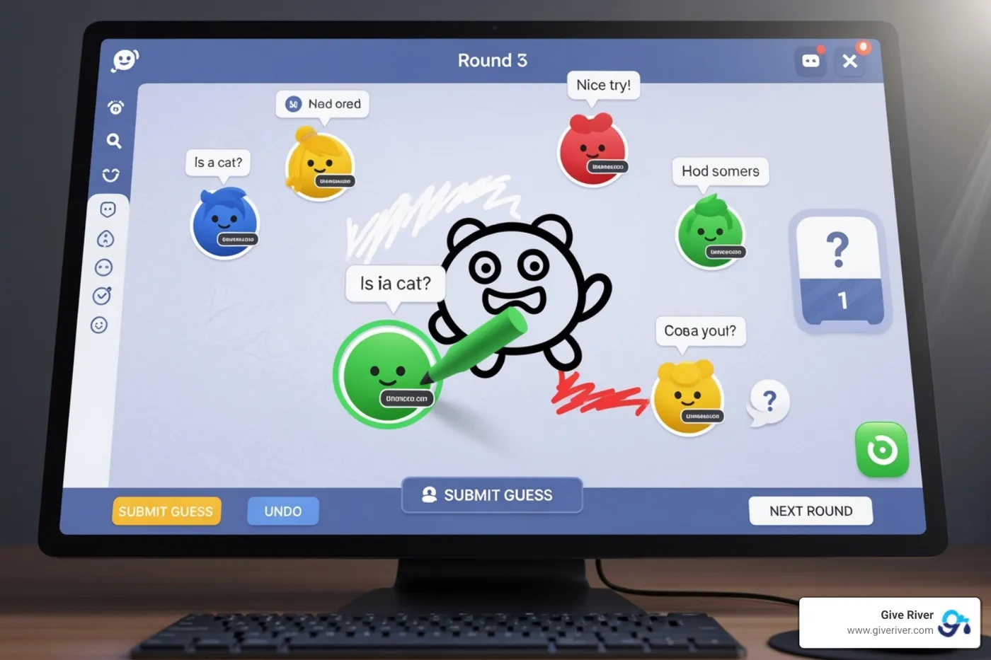 A colorful, engaging virtual game interface designed for team play, such as a collaborative drawing or word game - online office games free