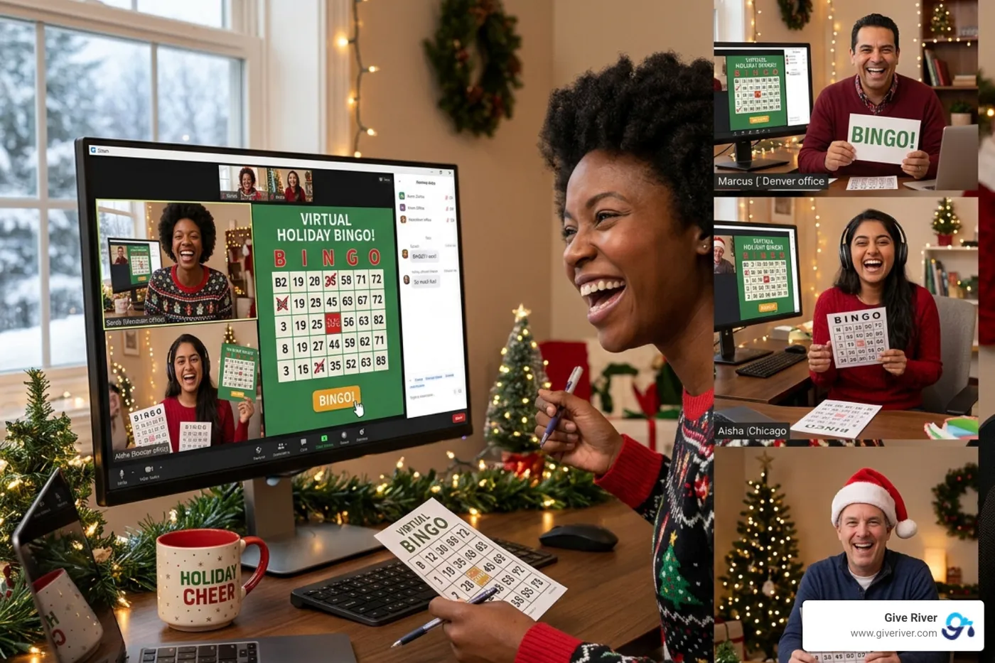Remote team members laughing during a virtual holiday bingo game - free holiday team building activities virtual