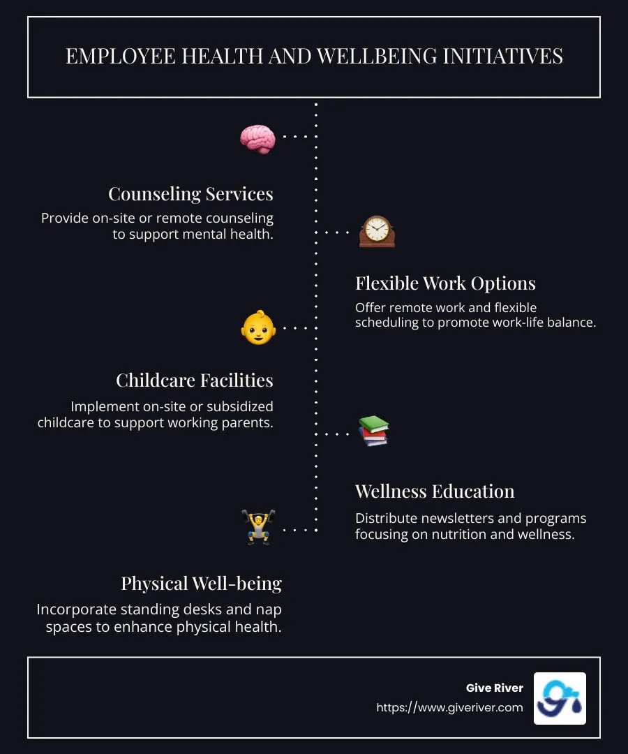 Infographic of Employee Well-being Initiatives including counseling, flexible schedules, childcare, wellness newsletters, and standing desks - employee health and wellbeing initiatives infographic infographic-line-5-steps-dark