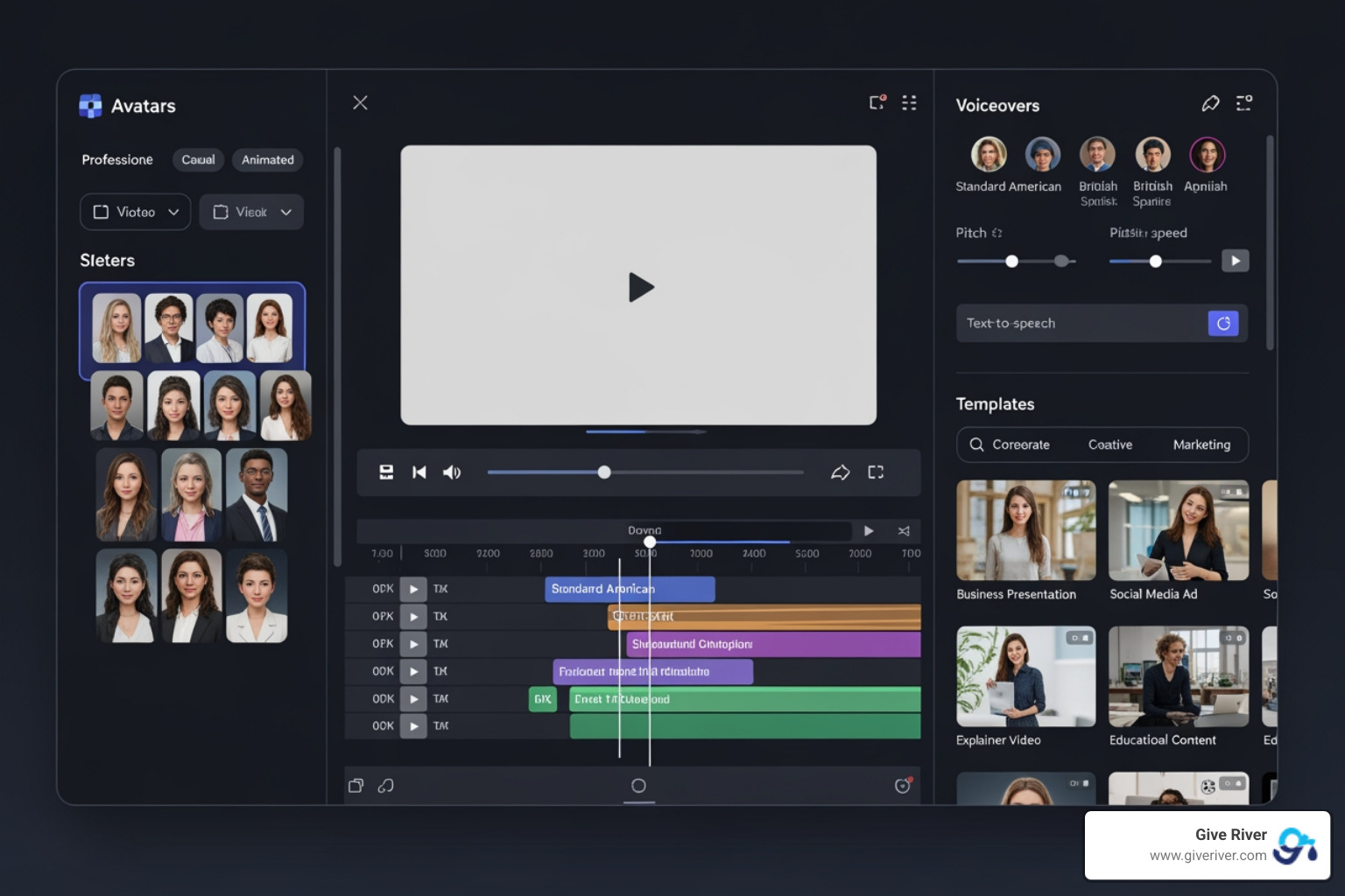 Image of a modern AI video creation dashboard with various options for avatars, voiceovers, and templates - ai video creation tools for learning and development
