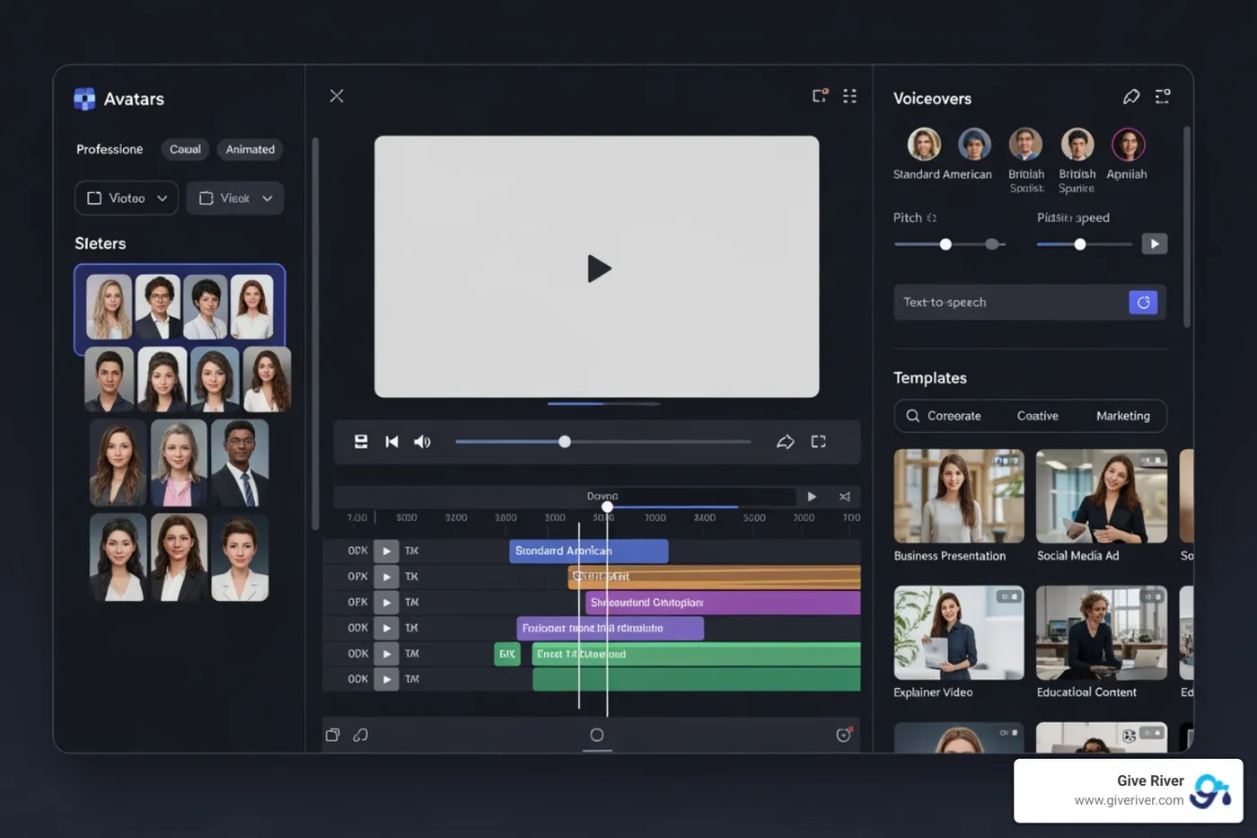 Image of a modern AI video creation dashboard with various options for avatars, voiceovers, and templates - ai video creation tools for learning and development