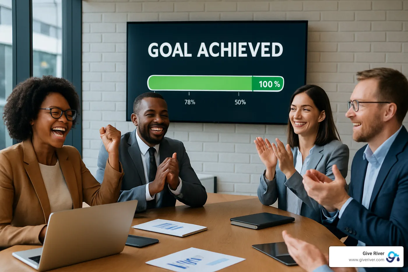 goal achievement celebration team meeting - employee goal tracking software