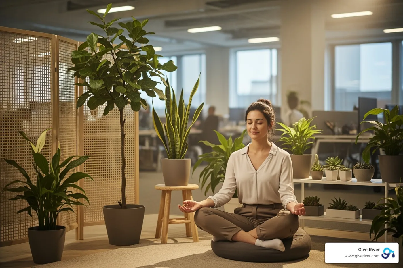 An employee meditating in a calm office "zen zone" with soft lighting and plants - workplace wellness ideas