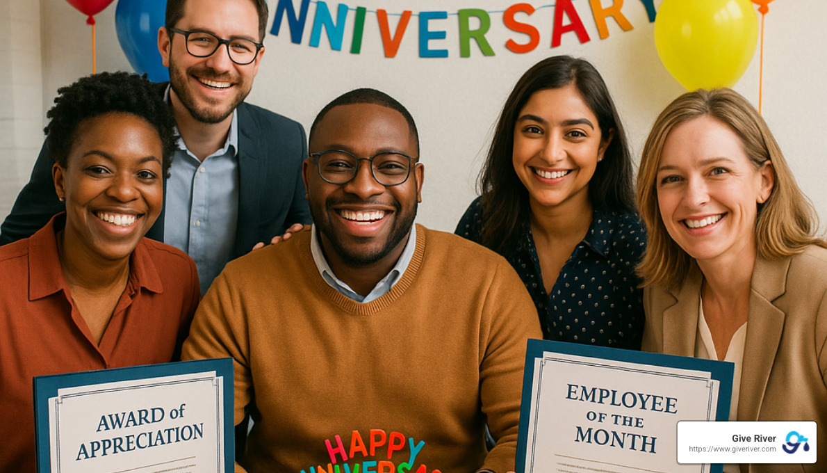 team celebrating work anniversary with cake and awards - work anniversary awards