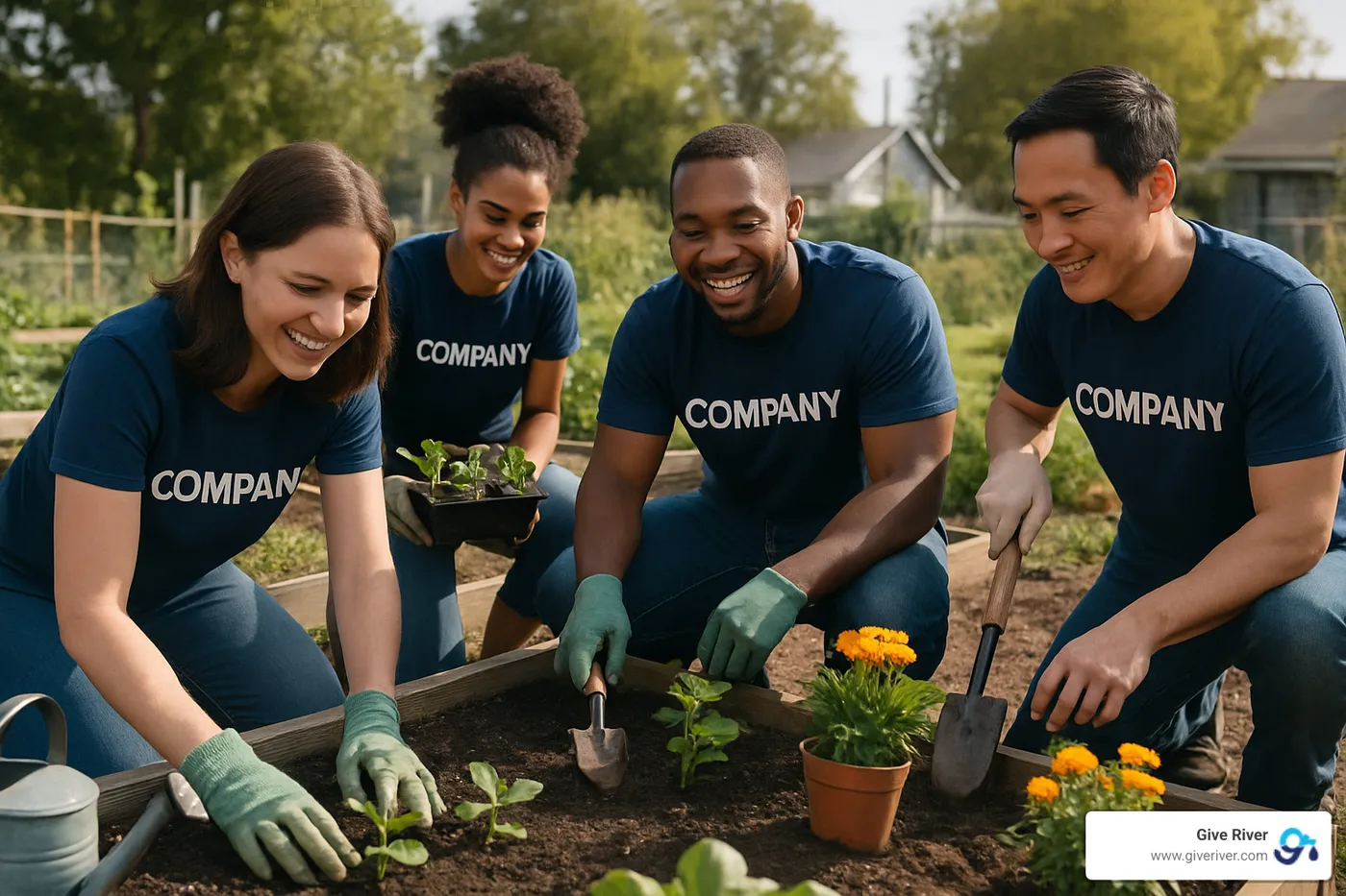 Company employees volunteering at community garden - advantages of corporate social responsibility