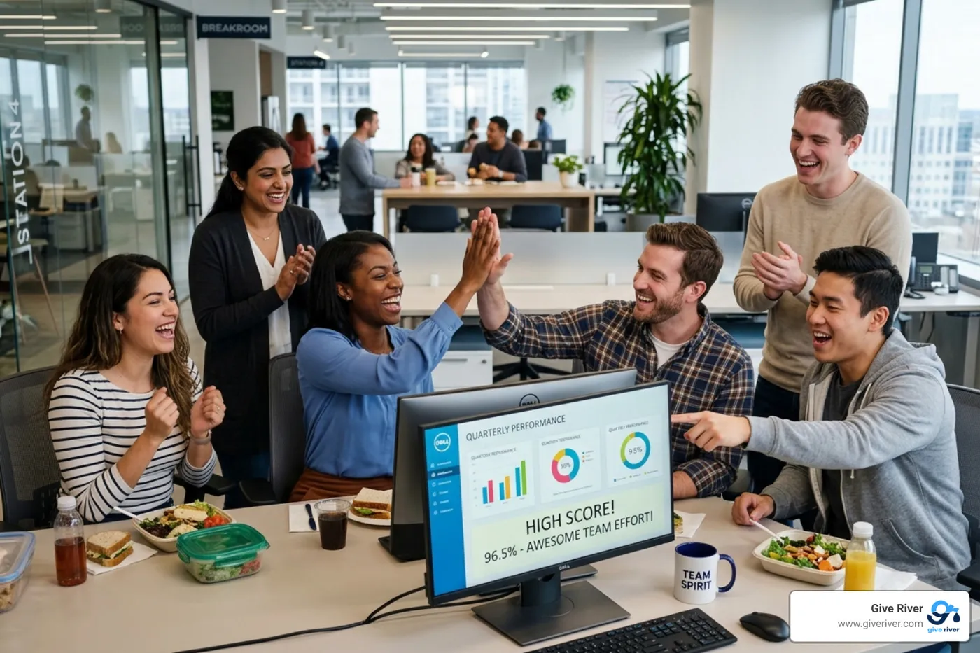 A diverse team of office colleagues celebrating a high score on a shared screen during a lunch break
