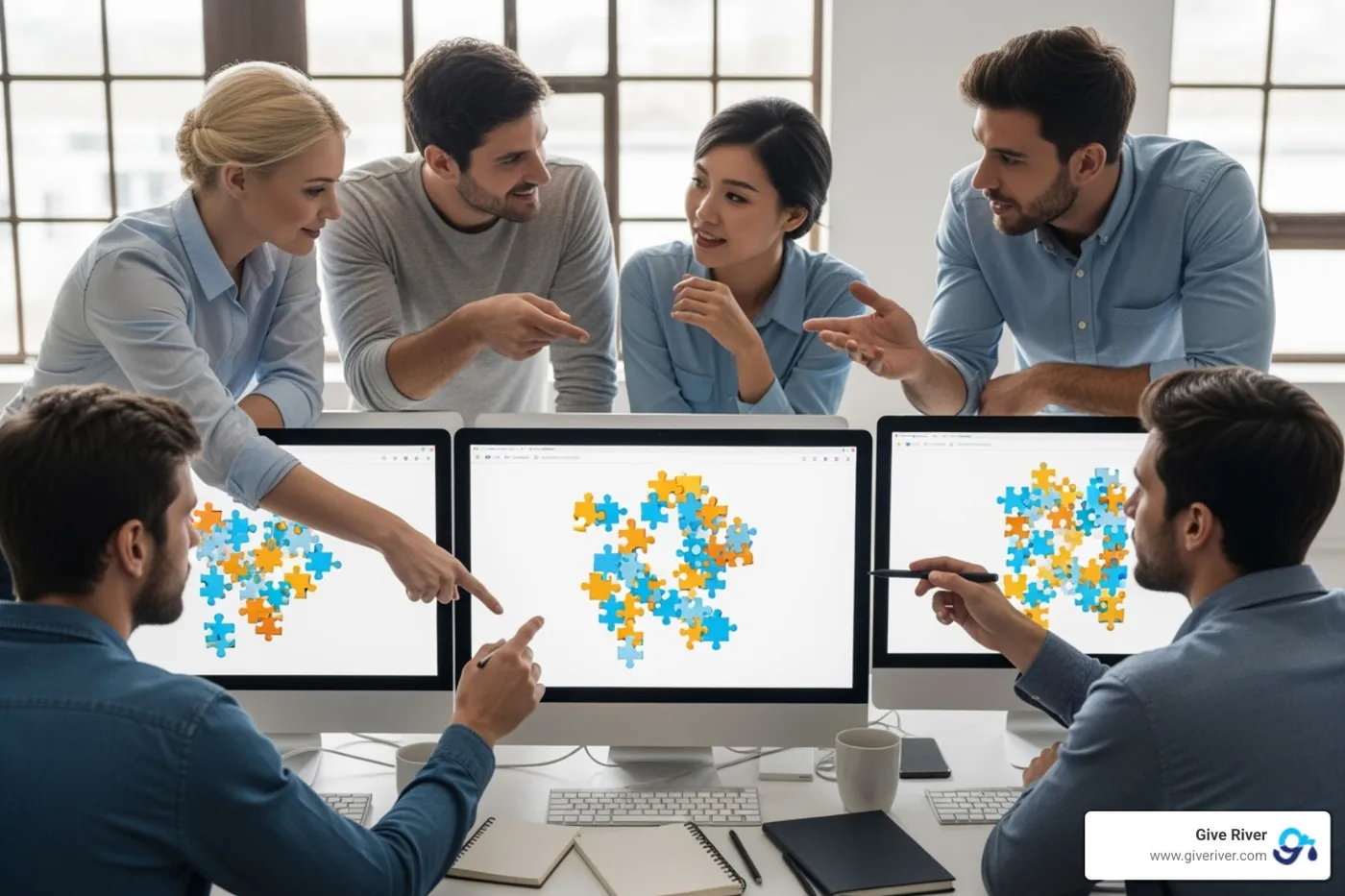 team collaborating on virtual whiteboard puzzle - virtual group activities for team building