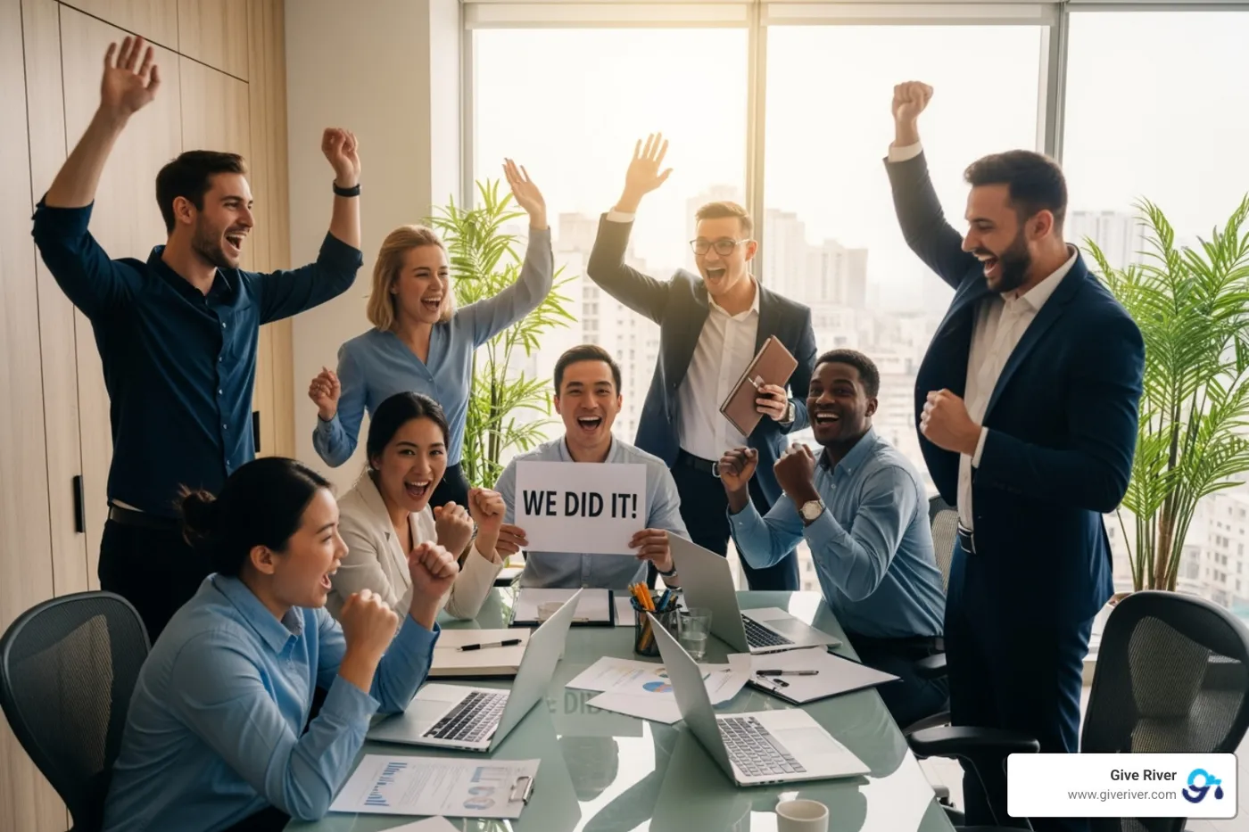 team celebrating a win during a Give River leaderboard event - online games to play with office team