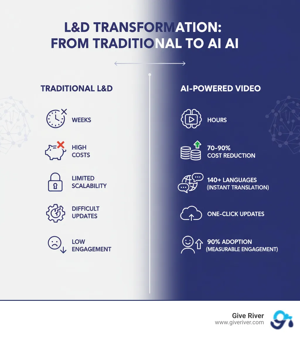 Infographic showing the transformation from traditional L&D to AI-powered video creation: Traditional method shows multiple weeks, high costs, limited scalability, and difficult updates leading to low engagement; AI-powered method shows hours instead of weeks, 70-90% cost reduction, instant translation to 140+ languages, one-click updates, and 90% adoption rates with measurable engagement improvements - ai video creation tools for learning and development infographic 