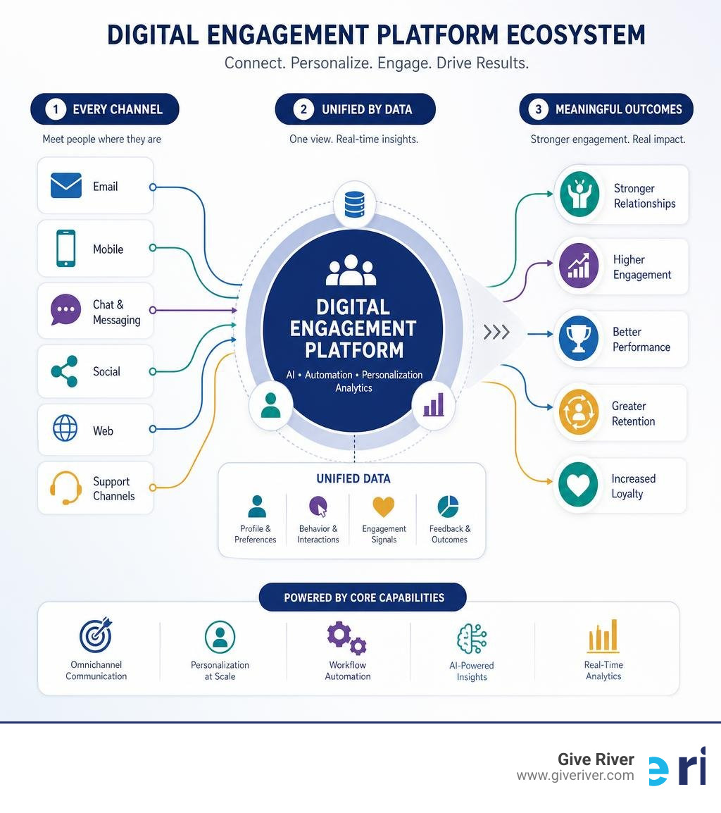 Digital engagement platform ecosystem infographic showing channels, data unification, and outcomes infographic