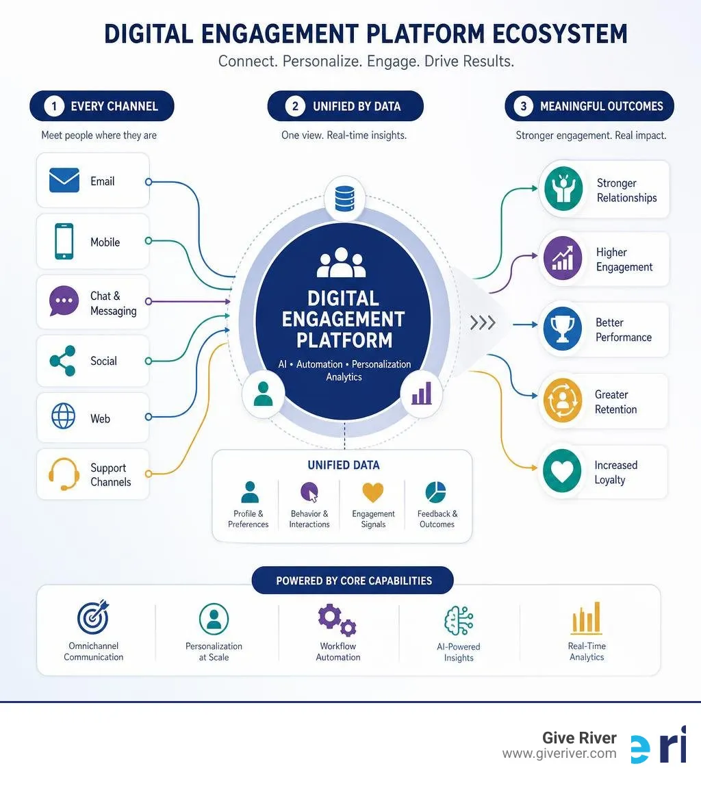 Digital engagement platform ecosystem infographic showing channels, data unification, and outcomes infographic