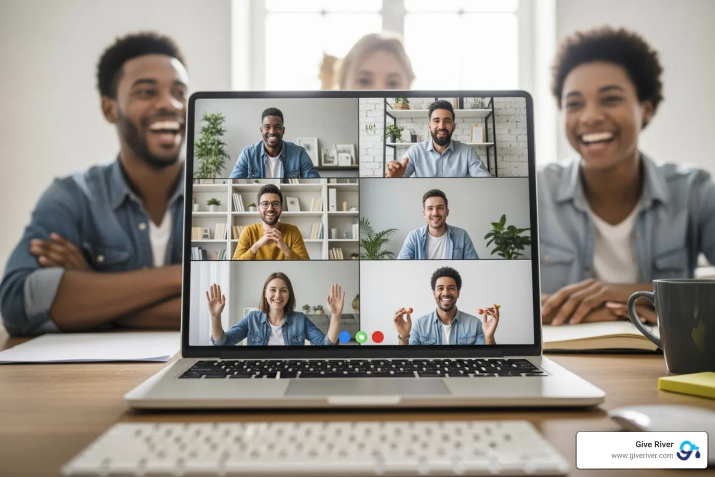 An image of a diverse remote team collaborating on a virtual challenge, with speech bubbles showing ideas and problem-solving elements. The Give River logo is subtly incorporated into the virtual interface. - fun games to play with work team online