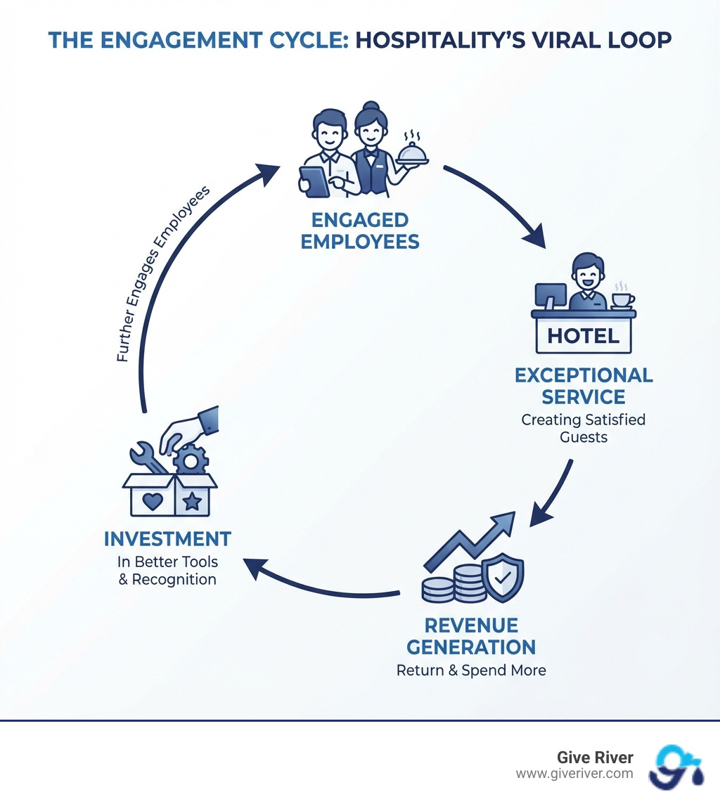 Infographic showing the engagement cycle: engaged employees deliver exceptional service, creating satisfied guests who return and spend more, generating revenue that allows investment in better tools and recognition, which further engages employees - employee engagement tools for hospitality infographic 