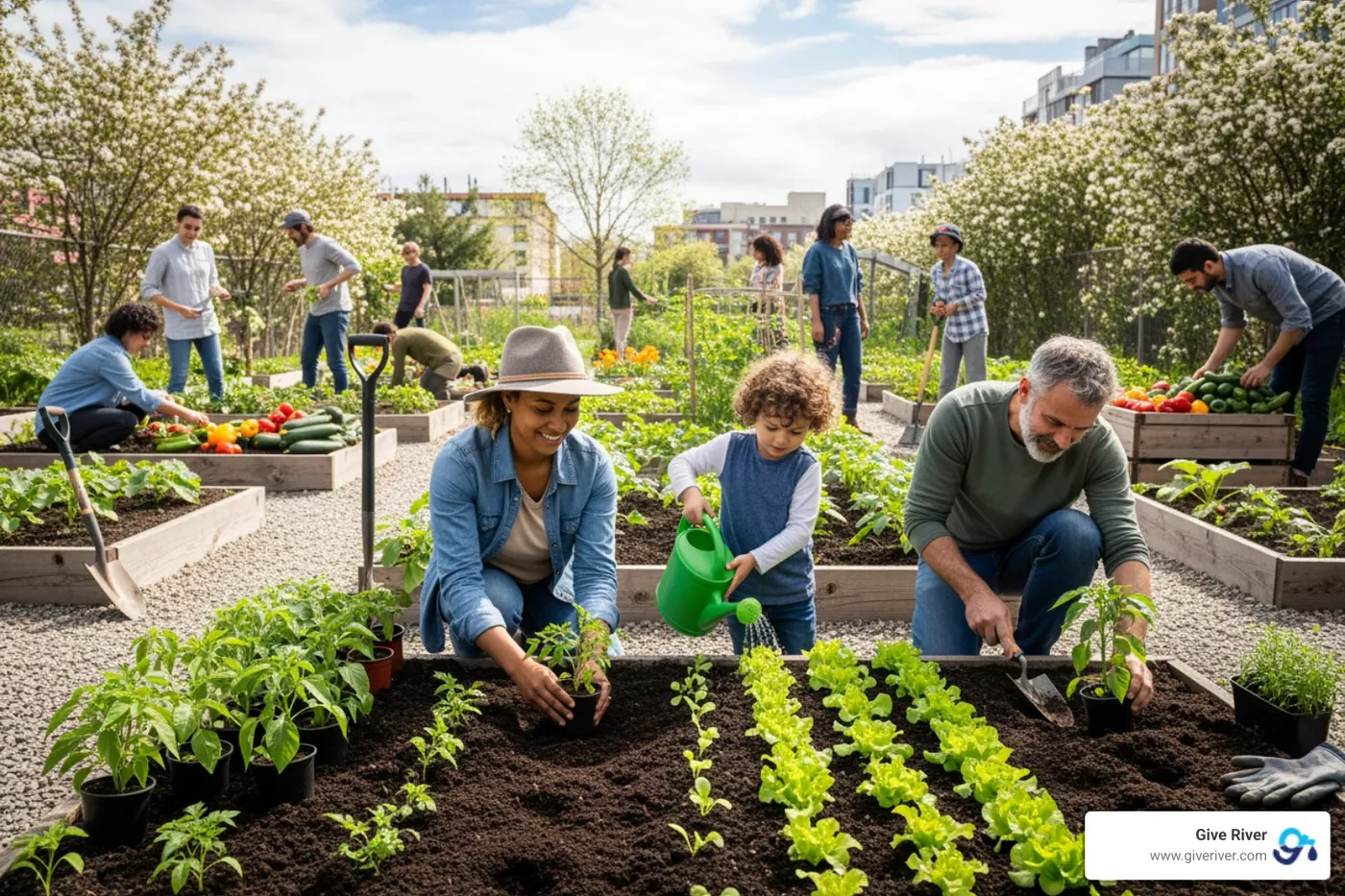 people planting vegetables in a community garden - community involvement ideas