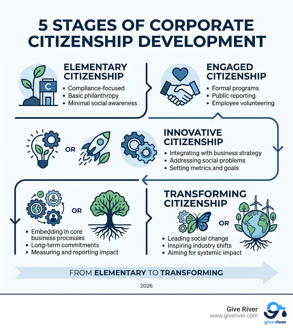 5 stages of corporate citizenship development from elementary to transforming - Corporate citizenship examples infographic