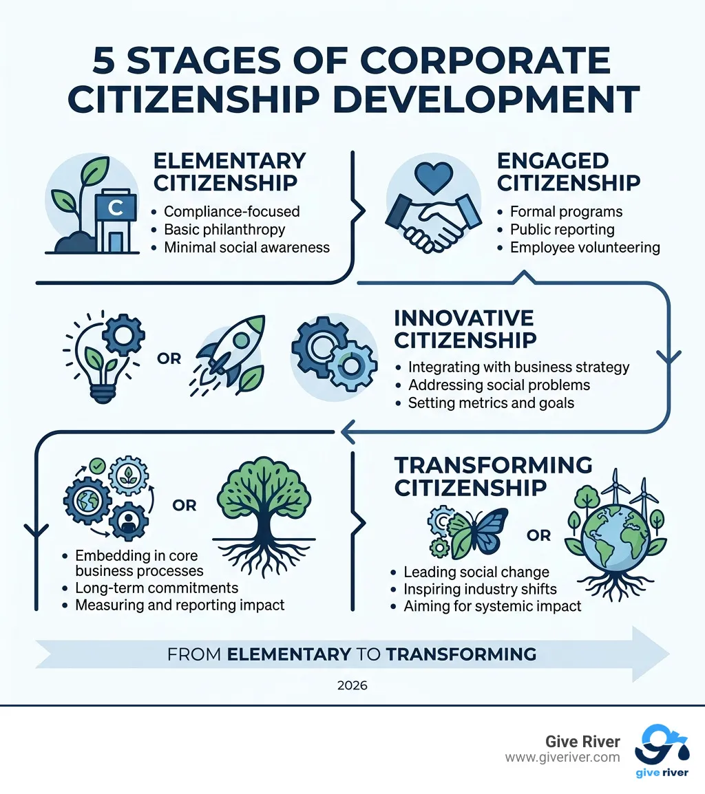 5 stages of corporate citizenship development from elementary to transforming - Corporate citizenship examples infographic