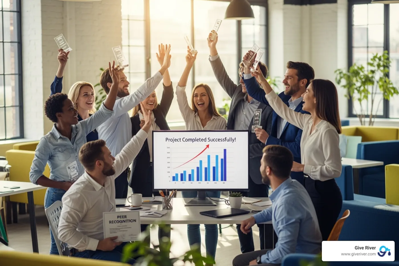 A team of diverse professionals collaborating and celebrating success in a modern, vibrant office environment, illustrating the positive impact of effective peer recognition programs - peer to peer rewards