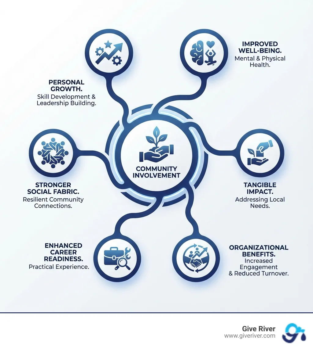 infographic showing benefits of community involvement including personal growth through skill development and leadership building, improved mental and physical well-being, stronger community social fabric, tangible impact on local needs, enhanced career readiness through practical experience, and organizational benefits like increased employee engagement and reduced turnover - community involvement ideas infographic 